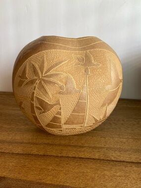 Vintage Carved Gourd Vase Bird Motif Signed